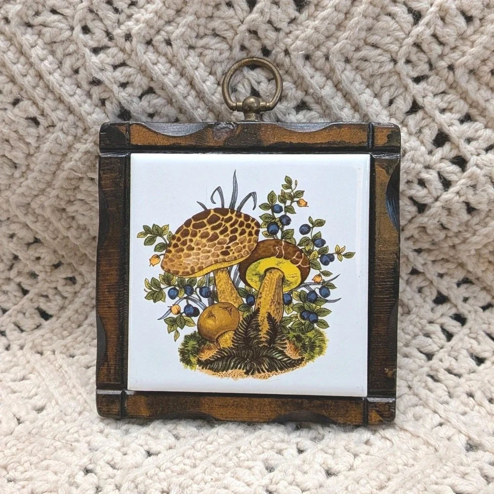 Vintage Jerry Schultz Mushroom Ceramic Tile Wood Framed Wall Hanging Cottagecore